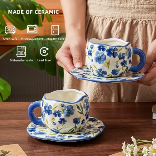 Ceramic Cup with Saucer，floral tea cup for Coffee,Cappuccino and Tea (2, Blue) - Image 3