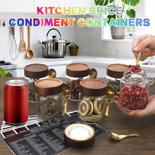 10 oz Small Glass Jar with Spoon and Airtight Wood Lids set of 6,Sugar Ground Herb Canister Round Food Storage Container for Spice Jams Coffee Pasta Candy Rice Loose Tea (300ml/10oz-6Pack) - Image 4