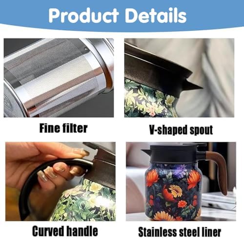 Vintage Floral Teapot with Built-in Infuser, Stainless Steel Thermal Carafe - Image 2