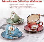 8 Oz Floral Porcelain Cappuccino Cups with Saucers Set of 4, Stoneware Tea Coffee Mugs for Home Kitchen & Office, Dishwasher Microwave Oven Safe, for Espresso, Latte, Americano, Milk & Tea, Mix - Image 5