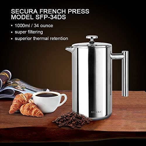 Secura Bundle Stainless Steel French Press Coffee Maker with 6 Replacement Screens, 34 Ounces, Silver - Image 7
