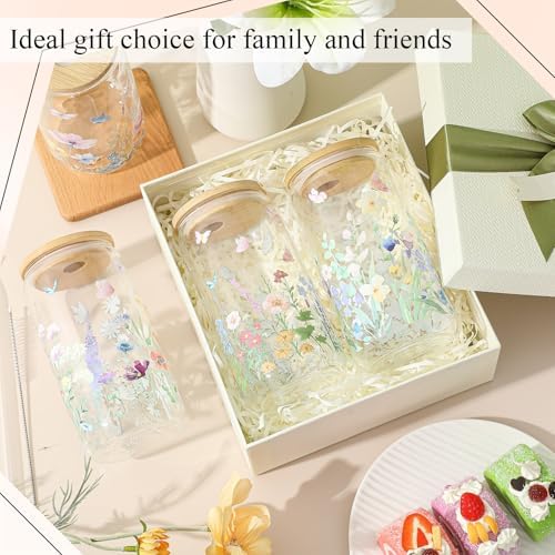 Mumufy 8 Pack Wildflower Glass Cup, 16 oz Tumbler Mug with Bamboo Lid - Image 6