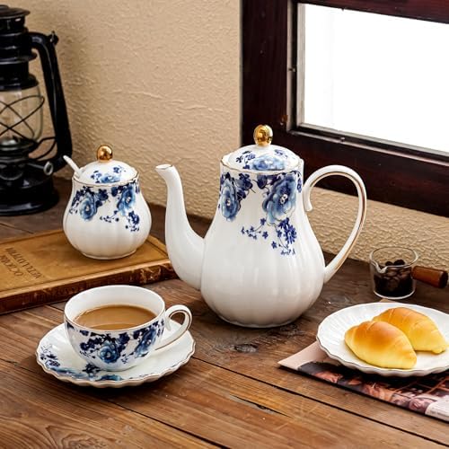 Agyiuns Tea Pot, Porcelain Teapot 37oz,tea pots for tea party,Tea Infuser Pots for Blooming loose Leaf Tea (White with blue flower) - Image 5