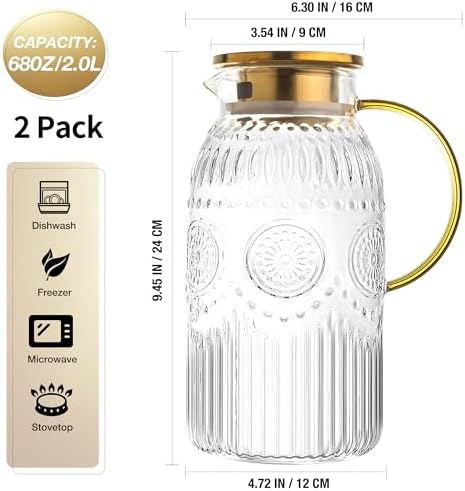 Amzcku Glass Pitcher with Lid 68oz 2L Vintage Water Carafe Beverage 2Pack - Image 2