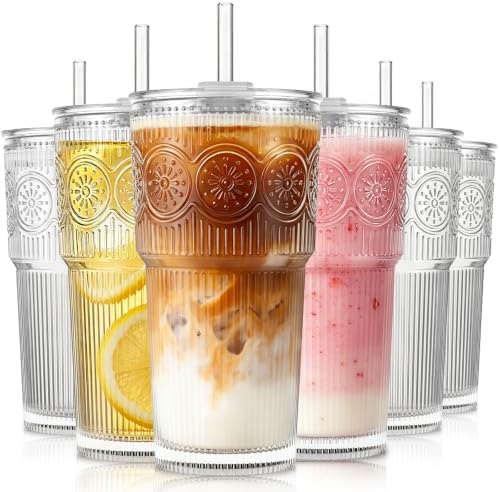 KEMORELA 20oz Ribbed&Floral Iced Coffee Cups with Lids, Reusable Glass Cups by KEMORELA