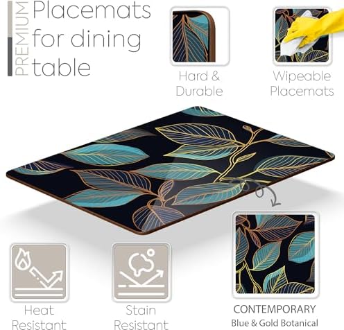 Set of 4 Heat Resistant Cork Placemats for Dining Table with Free Set of 4 Matching Drink Coasters Sage Green Marble Design 16 x 12 Inches Cork Backed Hard Placemats (Blue Gold Botanical) - Image 2