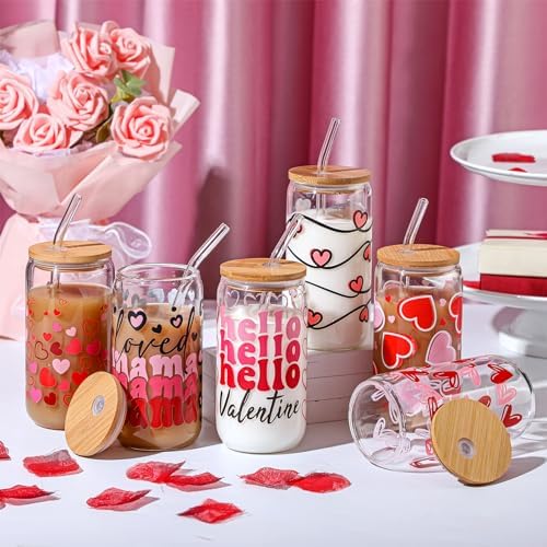 SiliFine 6 Pcs Valentine Heart Glass Cups, 16 oz with Lids and Straws - Image 6