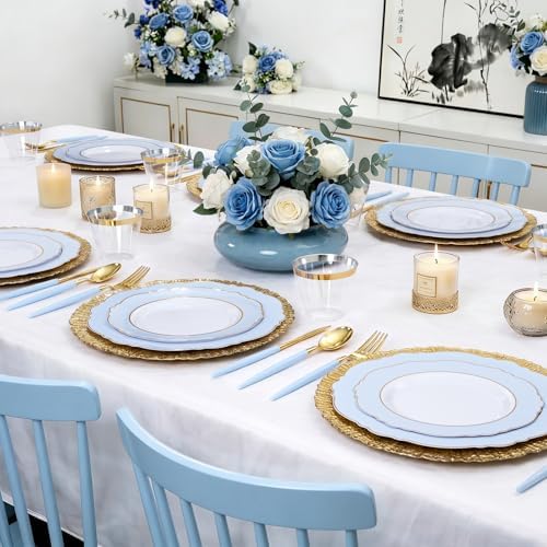 WDF 150pieces Baby Blue Plastic Plates with Gold Rim - Disposable Gold Plastic Silverware With Blue Handle-Baroque Light Blue&Gold Disposable Plates Dinnerware for Wedding/Party/Baby Shower - Image 5