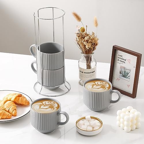 Hasense Coffee Mugs Set, Stacking Tea Cups Set of 4 with Holder - 15 oz Large Ceramic Ribbed Latte Cup Set for Cappuccino, Tea, Hot Cocoa, Drinks - Dishwasher & Microwave Safe, Grey - Image 2