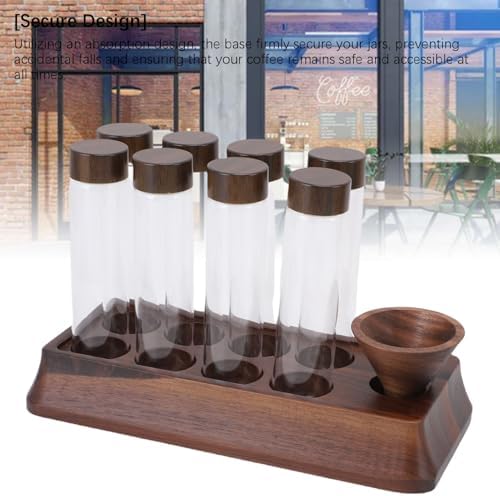 Single Dose Coffee Bean Storage Tubes, 8pcs Glass Vials Coffee Bean Cellar with Walnut Wood Stand and Airtight Lids, for Home Bar Preservation - Image 2