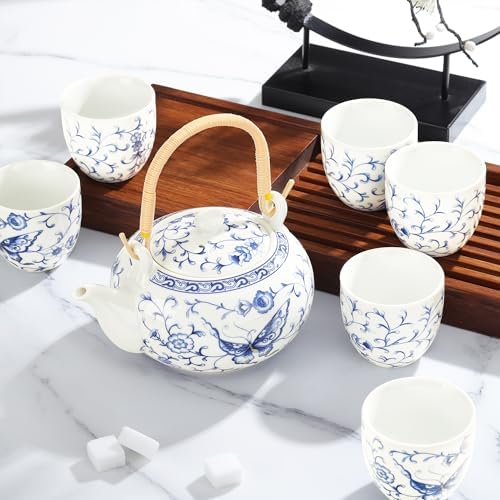 fanquare Chinese Blue and White Porcelain Tea Set with 1 Teapot Set, 6 Tea Cups, Butterfly Pattern Asian Japanese Tea Sets for Adults - Image 5
