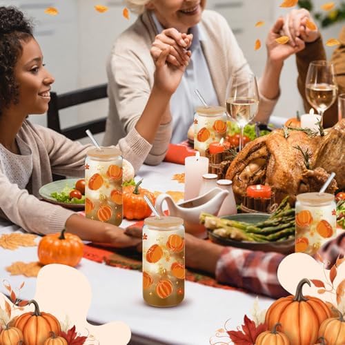 6 Pack Fall Orange Pumpkin Glass Cups with Lids and Straws 16oz - Image 4
