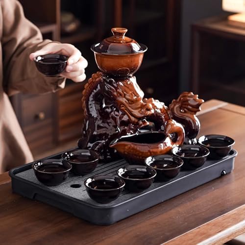 Ceramic Teapot with Infuser Semi Automatic Tea Set Magic Teapot with 8 cups Gradient Color (Yellow Dragon- C) - Image 3