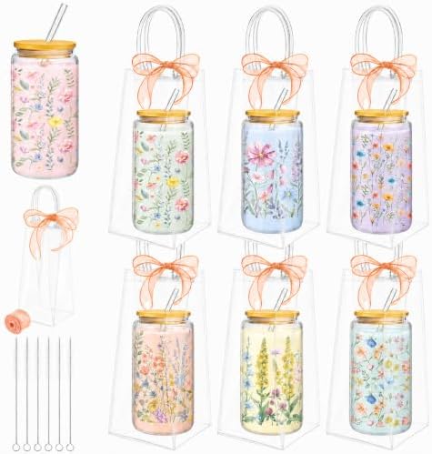 Mumufy 6 Sets Fresh Wildflower Glass Cups with Lids Straws Bulk Gift, 16 oz by Mumufy