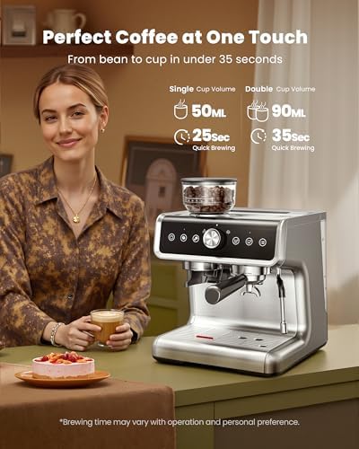 Coffee Maker with Grinder, 30 Settings & 20 Bar Pump, Espresso Machine with 58mm Portafilter & Milk Frother for Cappuccino or Latte - Image 4