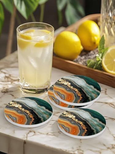Coasters for Drinks Set of 6 with Holder Green Ombre Gradient Yellow Marble Texture Wave Natural Texture Ceramic Cup Mat, Absorbent Ceramic Stone Coasters with Cork Base for Coffee Cups 4 Inch - Image 4