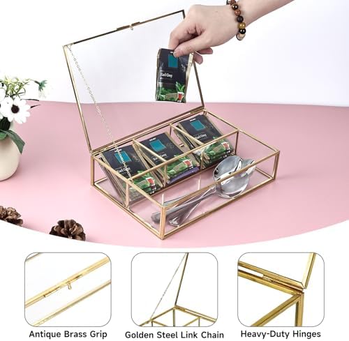 Gold Glass Tea Bag Organizer, Tea bag Storage Glass Box (4 Compartments) - Image 5