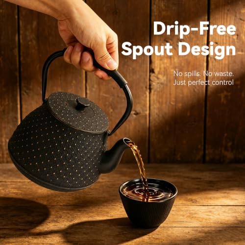 Cast Iron Teapot with Infuser, 42 oz (1250 ml) Large Japanese Tea Pot for Loose Leaf Tea, Enamel Interior, Stovetop Safe, Heat Retaining Design for Family & Friends Sharing, Black - Image 7