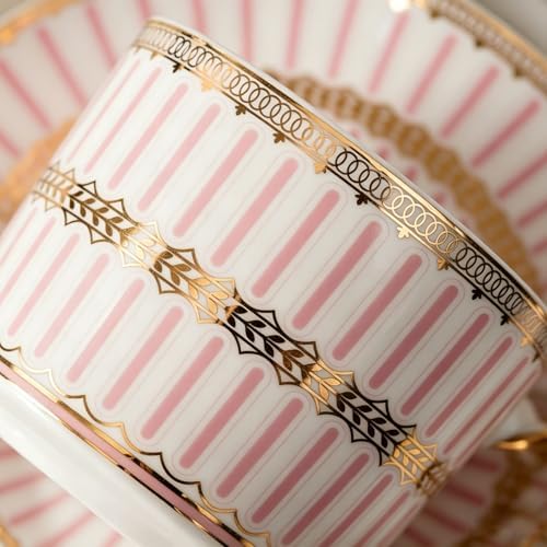 8.45oz European Ceramic Coffee Cup & Saucer Set of 2 with Handle & Gold Spoons, Stripe with Gold Accents, for Latte, Tea, Cappuccino, Gift Boxed for Tea Party, Housewarming Gift (two pink) - Image 4