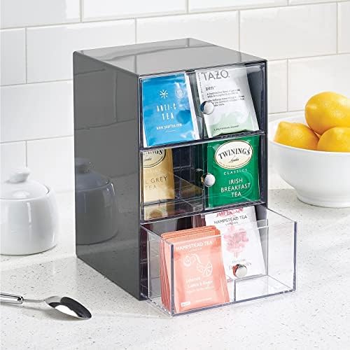 mDesign Plastic Wide Kitchen Pantry, Cabinet, Countertop Organizer Storage Station, 3 Drawers for Coffee, Tea, Sugar Packets, Sweeteners, Creamers, Drink Pods, Packets; 18 Sections, Dark Gray/Clear - Image 4