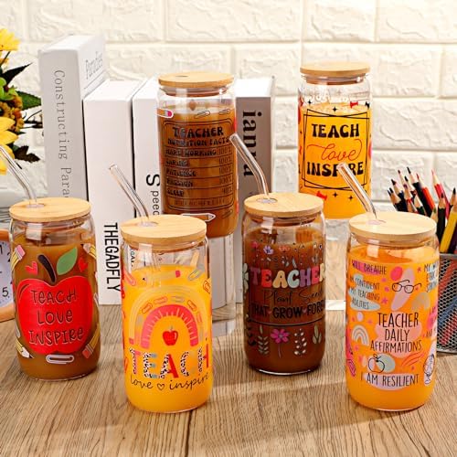 SiliFine 6 Pcs Teacher Pencil Apple Glass Cups, 16 oz with Lids and Straws - Image 2