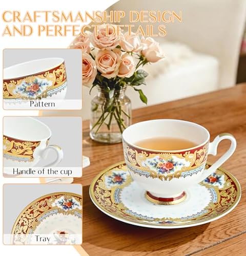 Luxury White & Gold Embossed Tea Cups and Saucers with Teapot, Sugar Bowl, & &Creamer, Vintage European Porcelain Coffee Set for Tea Party, Wedding, Gift (Red&Gold, 4pcs/set) - Image 4