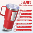 20 oz Tumbler with Handle and Lid Insulated Travel Coffee Mug Red 6P - Image 3