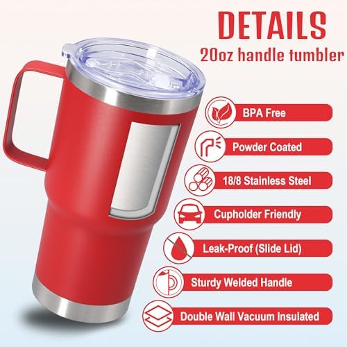 20 oz Tumbler with Handle and Lid Insulated Travel Coffee Mug Red 6P - Image 3