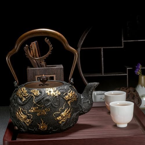 Japanese Cast iron Teapot, 1.4L Tea Kettle for Stovetop Safe, Keep Warm Gilding Nine Dragons Pattern cast Iron Kettle For Coffee Tea Bags Loose Tea Black Tea - Image 2