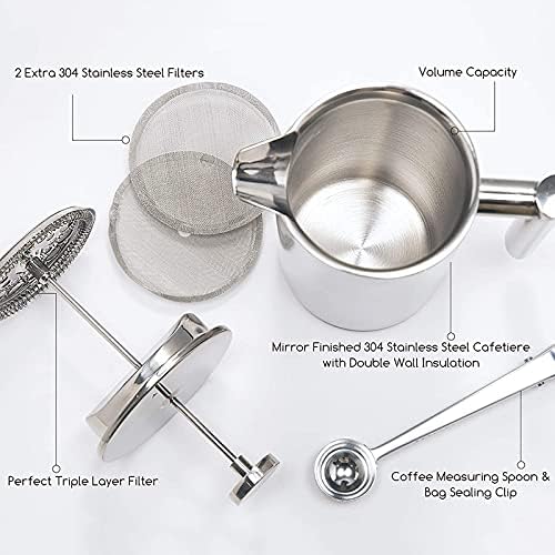 French Press Cafetiere Stainless Steel Coffee Press Double Wall Coffee Maker Insulated Coffee Pot with Extra Filter Screens, Easy Cleaning Cafeteria,800ml - Image 3