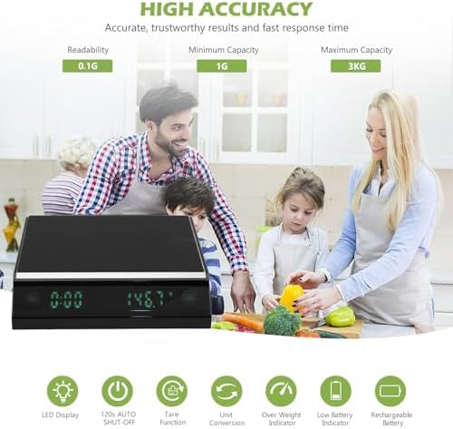 Digital Coffee Scale, Tiny Espresso Scale with Timer, 3KG 0.1g LED Touch Screen Precise Auto Timing Rechargeable Pour Over Coffee Scale for Home Kitchen - Image 5