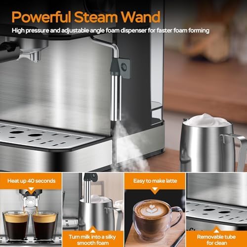 Plum chef 20 Bar Espresso Machine with Milk Frother, Dual Shot, ESE Pod Compatible, 54 OZ Removable Water Tank for Home Barista (Silver) - Image 4