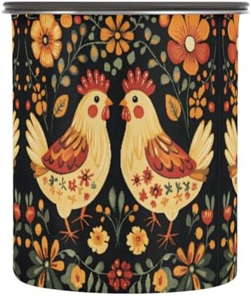 Stainless Steel Coffee Storage Containers with Airtight Lid, Cute Floral Chickens Leaves 17oz Food Storage Container Kitchen Canister for Tea, Coffee Beans, Ground, Sugar Storage by Quteprint