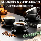 Yundu Matte Black Cappuccino Cups Set of 4-10oz Ceramic Latte Mugs with Saucers, Elegant Espresso Cups for Coffee & Tea - Image 3