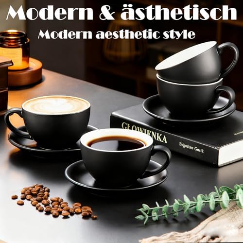 Yundu Matte Black Cappuccino Cups Set of 4-10oz Ceramic Latte Mugs with Saucers, Elegant Espresso Cups for Coffee & Tea - Image 3