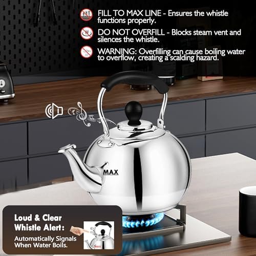 Stovetop Tea Kettle with Whistle - 2.0 Quart 18/8 Stainless Steel Tea Pot for Gas Stove & Electric Coil Stovetop, Food-Safe, Easy-Pour Spout, Mirror Polished Classic Water Kettle - Image 2