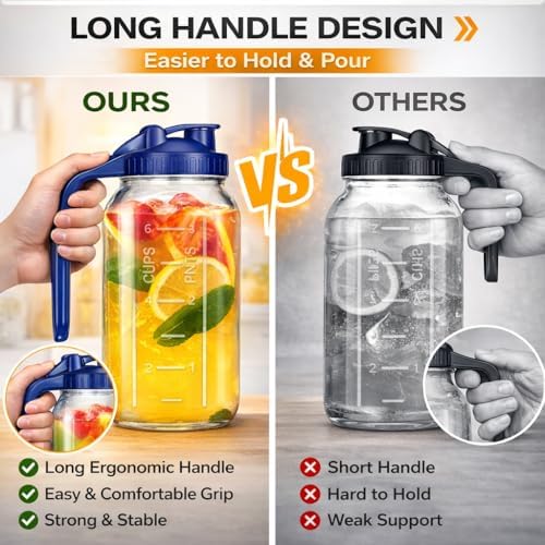 64oz Glass Pitcher with Handle and Flip Lid, Leak-Proof Seal, 3 Pack Mason Jar Pitchers, Suitable for Iced Tea, Juice, Milk, Iced Coffee, Pink - Image 4