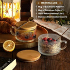 2 Pcs 420 ml Vintage Coffee Mugs, Overnight Oats Containers with Handle, Bamboo Lids and Spoons-Embossed Glass Cups Ideal for Cappuccino, Latte, Cereal, Yogurt, Hot or Cold Beverages - Image 2