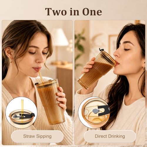 20oz Iced Coffee Cup, Ribbed Glass Tumbler with Straw and Lid - Image 4