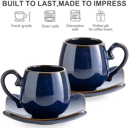 LYEOBOH 3oz Espresso Cups with Saucers, Small Coffee Cups Set of 6 with Spoons and Metal Stand, Ceramic Cute Demitasse Cups for Housewarming Wedding Gift, Cobalt Blue - Image 3