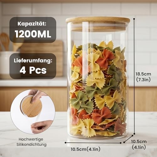 4-Pack Glass Storage Jars with Bamboo Lids, 1200ml Airtight Food Storage Containers, Clear Pantry Organizers and Storage Canisters Set for Cereal, Snack, Candy, Kitchen - Image 2