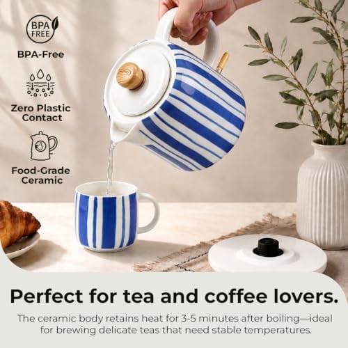 Hand-Painted Blue Striped Ceramic Electric Kettle 1.0L - 1000W Fast Boil with Wooden Lid, Auto Shut-Off & Boil-Dry Protection for Coffee and Tea - Image 5