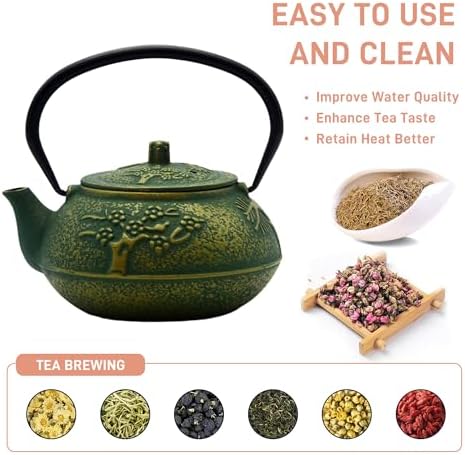 30.4oz Small Cast Iron Tea Kettle, SECHUDO Teapot Coated with Enameled Interior for Stovetop, Japanese Green Tea Pot with Stainless Steel Strainer for Loose Leaf, Pine,Bamboo and Plum Pattern(900ml) - Image 4
