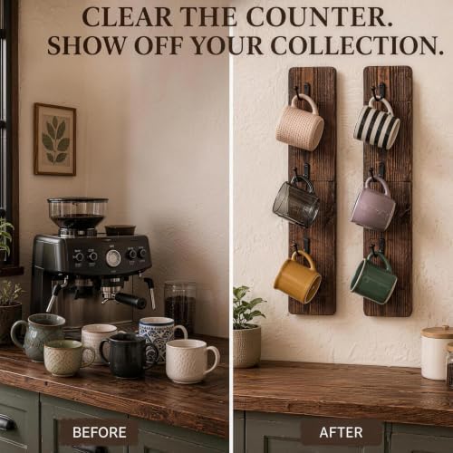 Wooden Coffee Mug Holder Wall Mount, Practical Mug Rack Wall Mounted, 2 Pack 12 Hooks Storage Shelf for Home Office Dining Room Kitchen Bar - Image 6