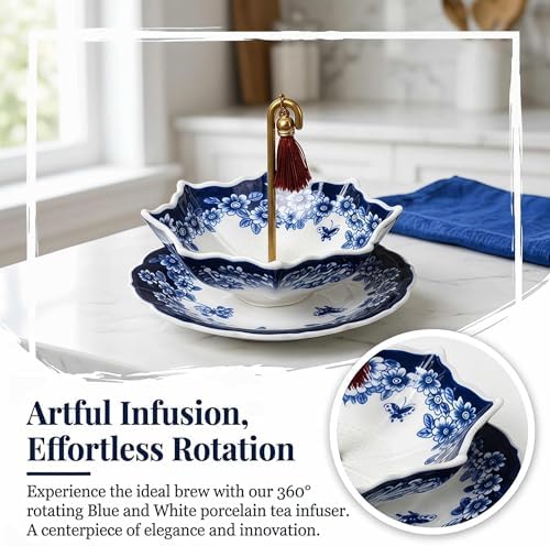 Umbrella Shape Ceramic Tea Strainer - Chinese Blue and White Porcelain Loose Leaf Tea Infuser with Drip Base, Traditional Chinese Fine Mesh Filter for Kung Fu Tea and Coffee Brewing (Red) - Image 2