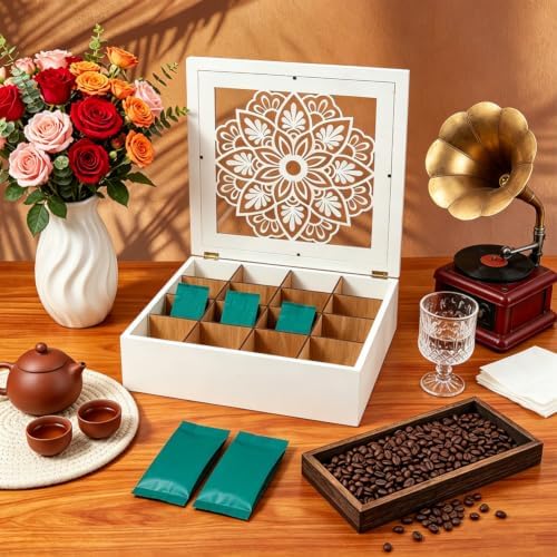 UNICRAFTALE 16 Compartments Square Wood Tea Bag Organizer Elegant Gifts Storage Box with Acrylic Window White Paulownia Tea Organizer for Home Parties 12.6x12.6x3.6 inch - Image 2