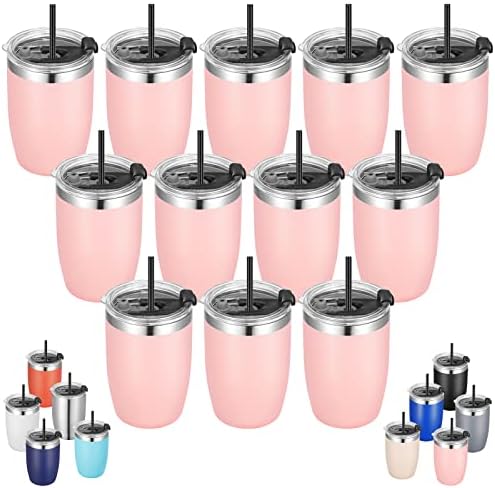 VEGOND Stainless Steel 12 oz Tumblers bulk Vacuum Insulated Double Wall Travel Tumbler with Lid and Straw Reusable Tumbler,Pink 12 pack by VEGOND