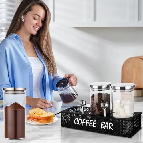 Glass Coffee Containers with Shelf 3x 47oz Coffee Station Organizer Glass Coffee Bean Storage with Spoon Coffee Canister Set Jars for Coffee Bean Ground Nuts - Image 5
