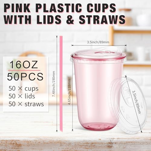 Ziliny 50 Pack 16oz Pink Clear Plastic Cups with Lids Straws for Iced Drink - Image 3
