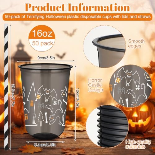 LemonRoad 50 Pack 16 oz Halloween Black Plastic Cups with Lids & Straws, Spooky Castle & Bat Print, Disposable Party Tumblers for Iced Coffee, Smoothies, Juice, Pet Drinks, Birthdays & Gatherings - Image 2